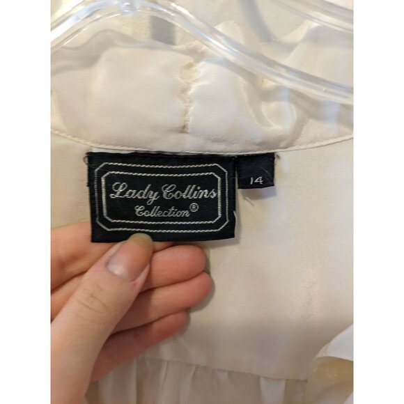 Vintage 80s Cream Satin High Neck Blouse Secretary Top Button Up Retro Sz 14 - Picture 9 of 10